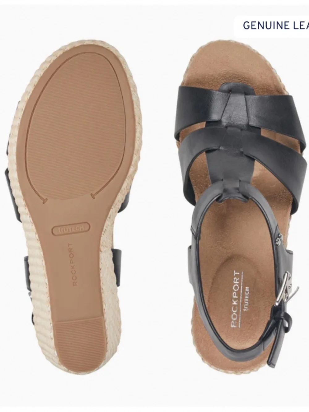 NWT Rockport Belle Sandal Wedge Heel Leather Black Adjustable Strap Woven Sz 9
